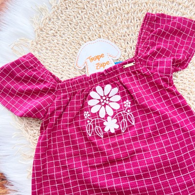  Conj. Batinha e Short Xadrez com Flores  - Bordô
